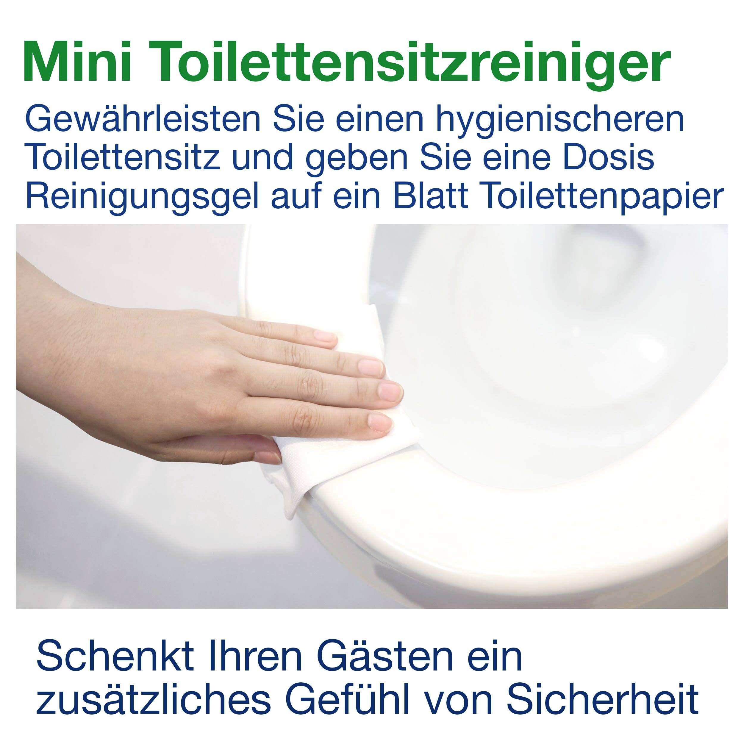 Werbung für Mini Toilettensitzreiniger: Person wischt mit Papier Toilettendeckel ab. Text beschreibt hygienische Vorteile für Gäste.