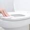 Eine Person reinigt mit einem weißen Tuch die Oberseite eines Toilettensitzes.