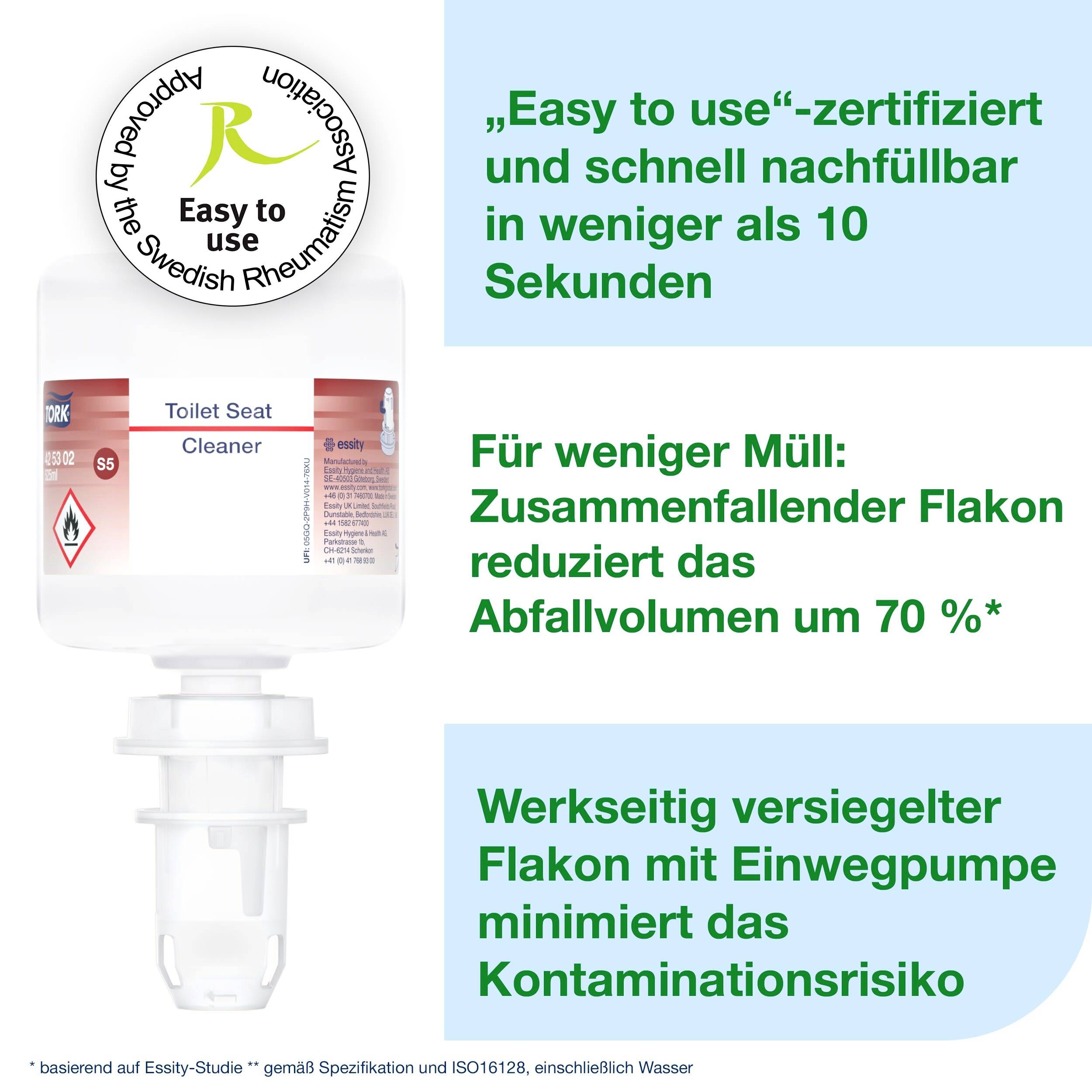 Eine Flasche Toilettensitzreiniger mit Zertifikat 'Easy to use'. Text: 'Für weniger Müll: Flakon reduziert Abfallvolumen um 70 %.'