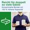 'Mann hält zwei Handtuchstapel. Links ein Symbol für komprimierte Bündel. Text: Reicht für doppelt so viele Gäste mit 100 % höherer Kapazität.'