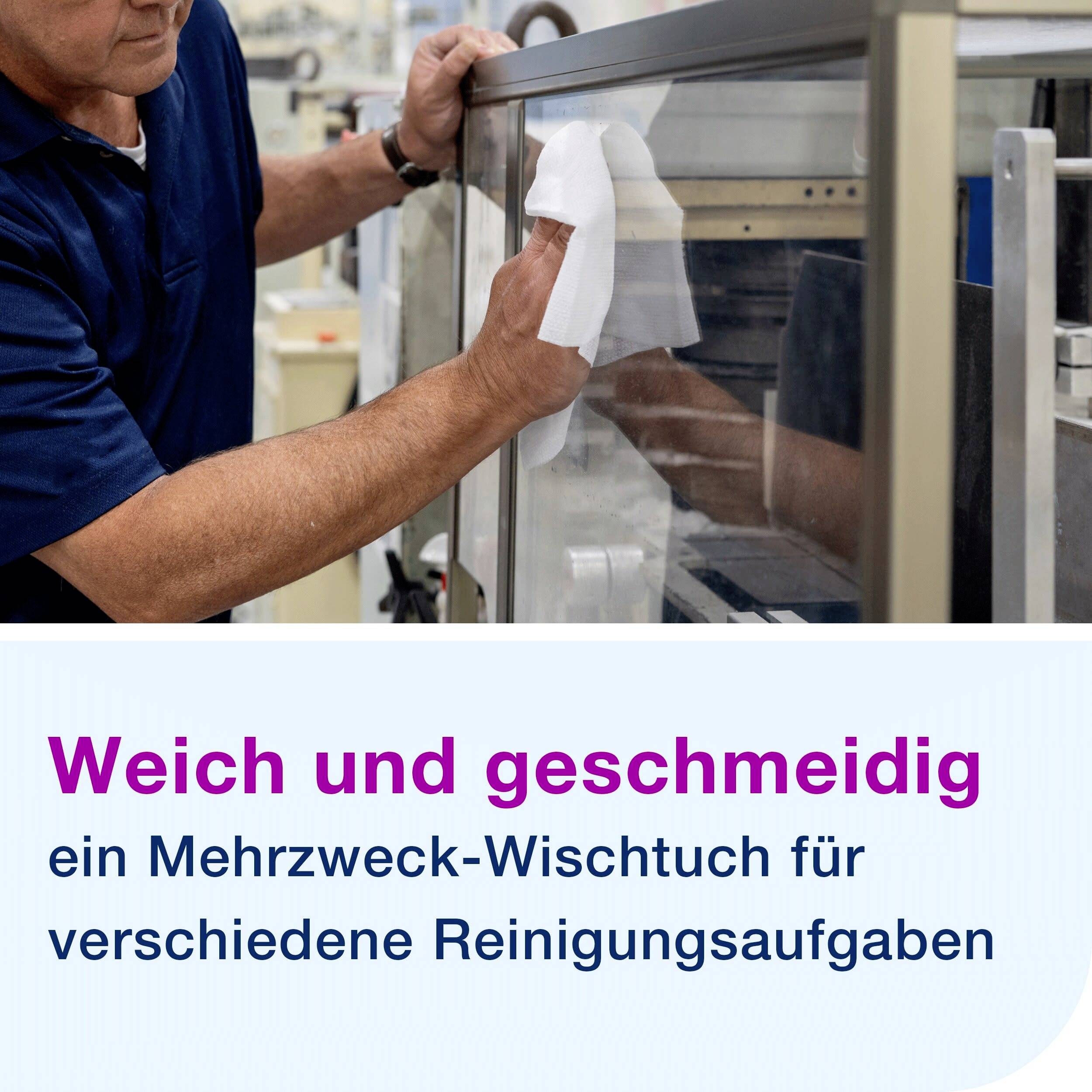 Eine Person reinigt eine Glasfläche mit einem weißen Tuch. Oben steht der Text: 'Weich und geschmeidig für Mehrzweck-Reinigungsaufgaben'.