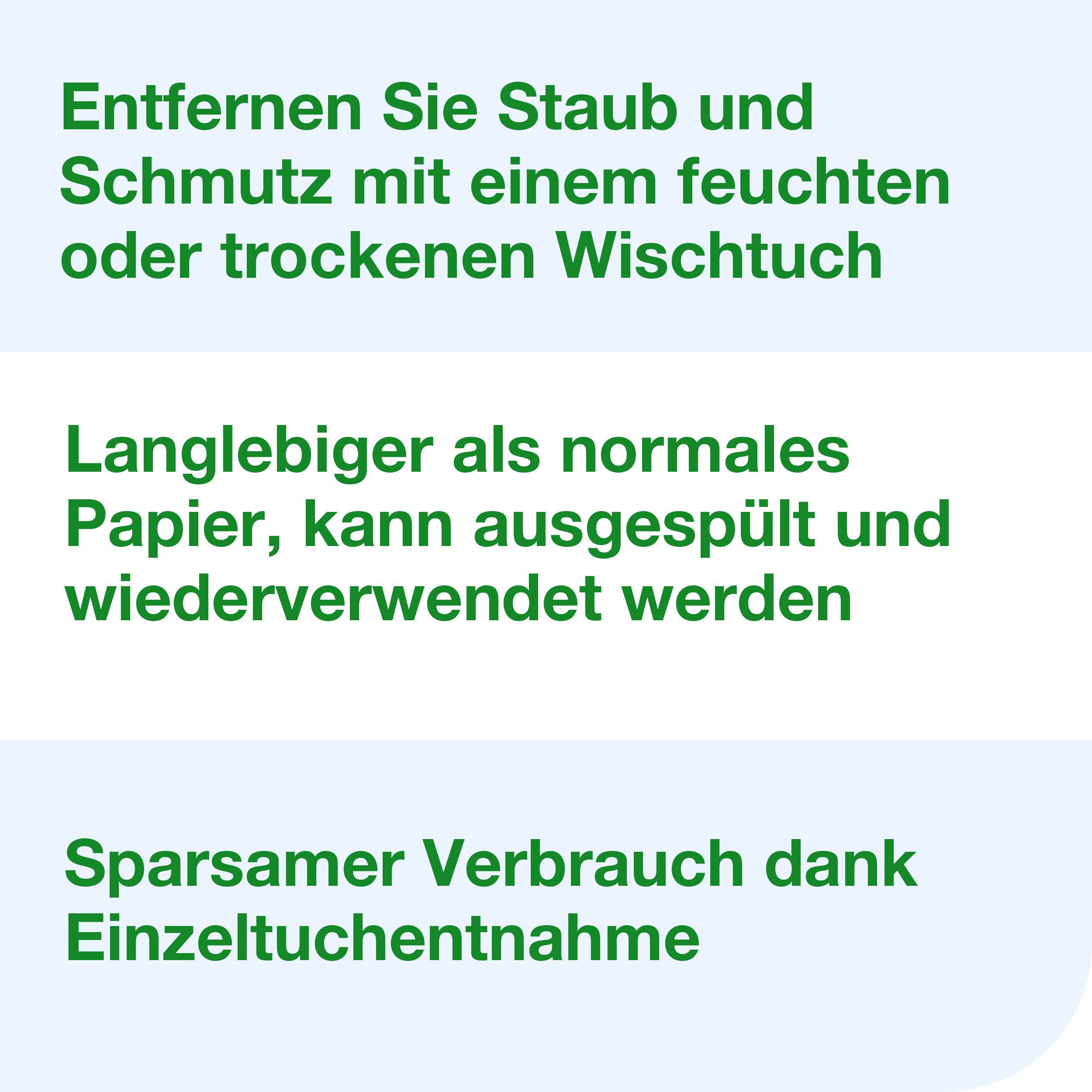 'Entfernen Sie Staub und Schmutz mit einem feuchten Wischtuch. Langlebiger als normales Papier, kann ausgespült und wiederverwendet werden. Sparsamer Verbrauch dank Einzeltuchentnahme.'