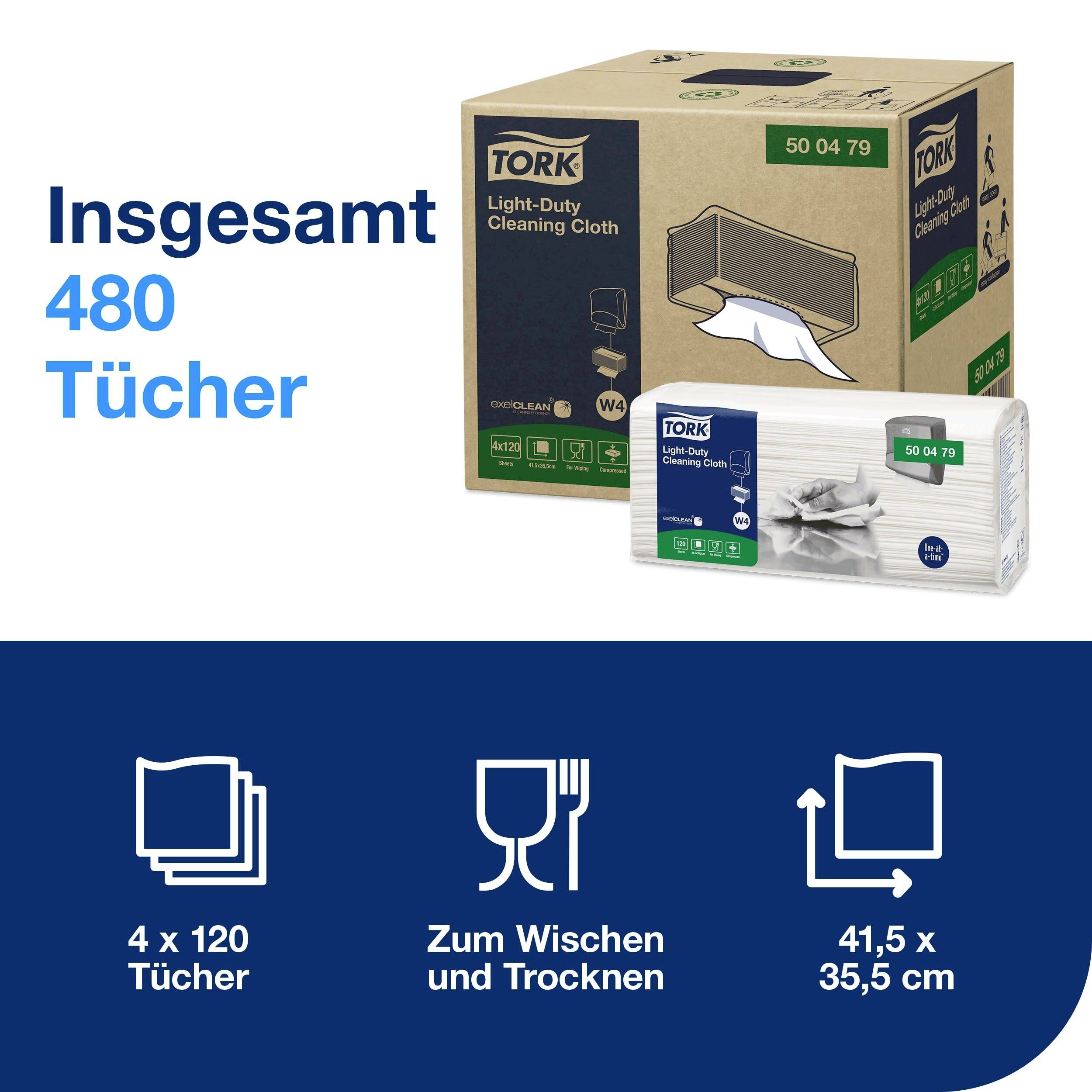 Kartonschachtel und Packung Tücher von Tork. Insgesamt 480 Stück, in 4 Packungen zu je 120 Tüchern, Maße 41,5 x 35,5 cm. Zum Wischen und Trocknen.