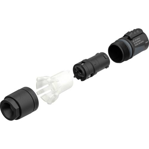 Die Abbildung zeigt einen mehrteiligen Stecker mit abnehmbarem Schutzgehäuse und verschiedenen Komponenten.