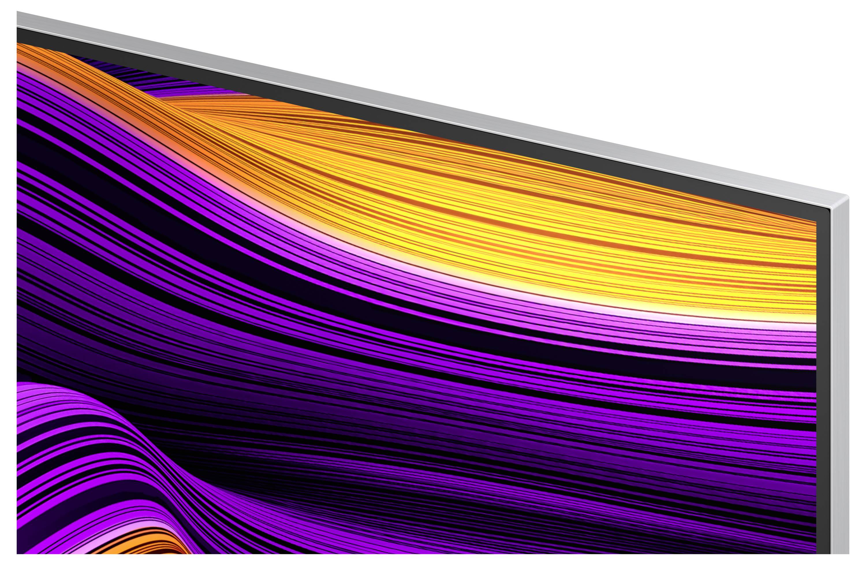 Abstraktes Bild mit sich windenden Linien in leuchtend violetten, orangefarbenen und gelben Tönen, die ein dynamisches wellenartiges Muster erzeugen.