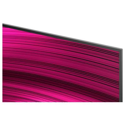 Eine Nahaufnahme eines Bildschirms, der leuchtend rosa und schwarze diagonale Linien zeigt, die ein abstraktes, dynamisches Muster erzeugen.