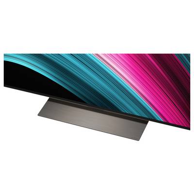 Ein schlanker, moderner Monitor mit einem minimalistischen Ständer, der dynamische, diagonal verlaufende Lichtstreifen in leuchtendem Petrol und Magenta auf dem Bildschirm zeigt.