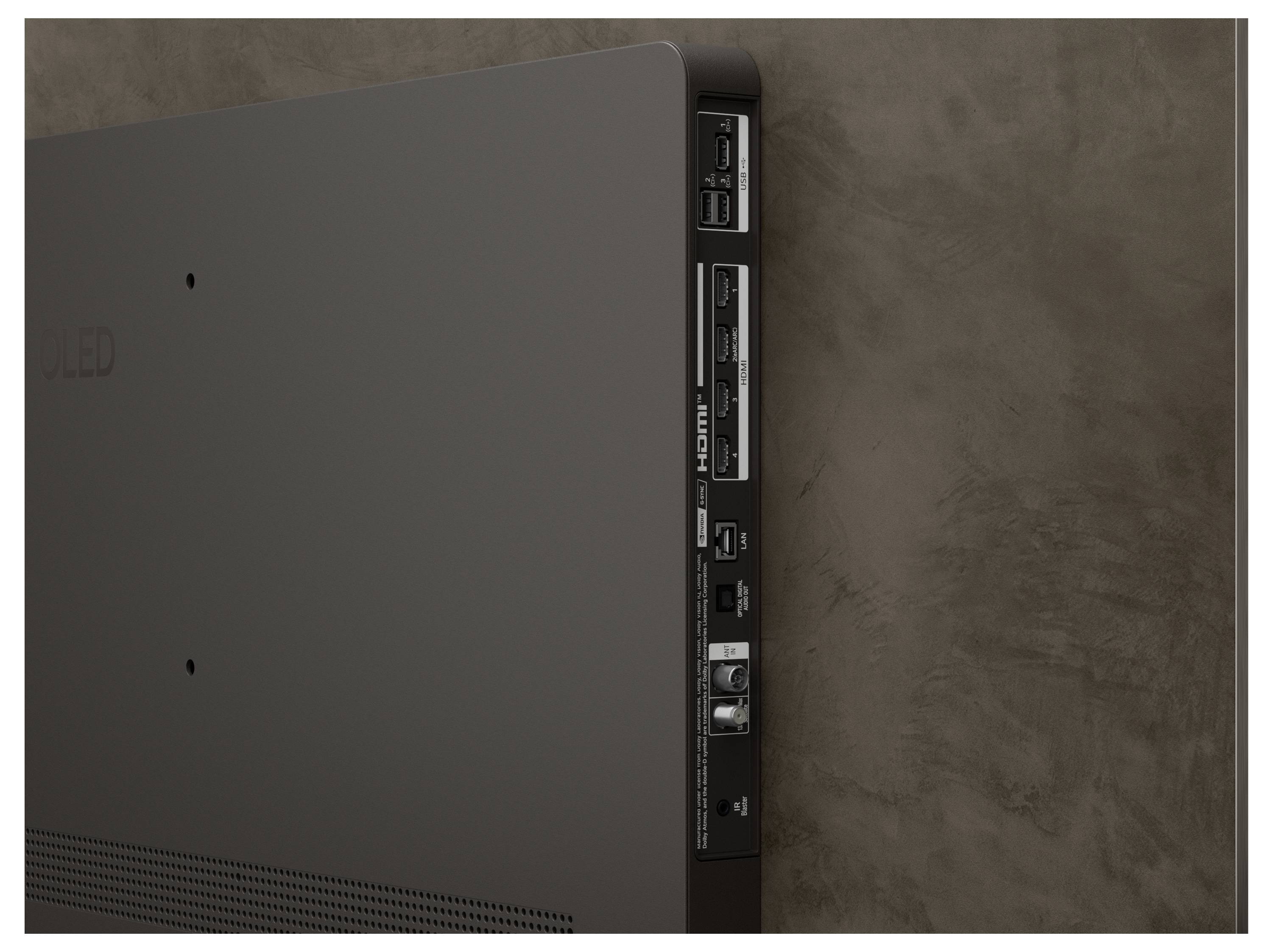 Das Bild zeigt eine Seitenansicht eines an der Wand montierten Fernsehers, der verschiedene Anschlüsse wie HDMI, USB und Audioingänge hervorhebt.