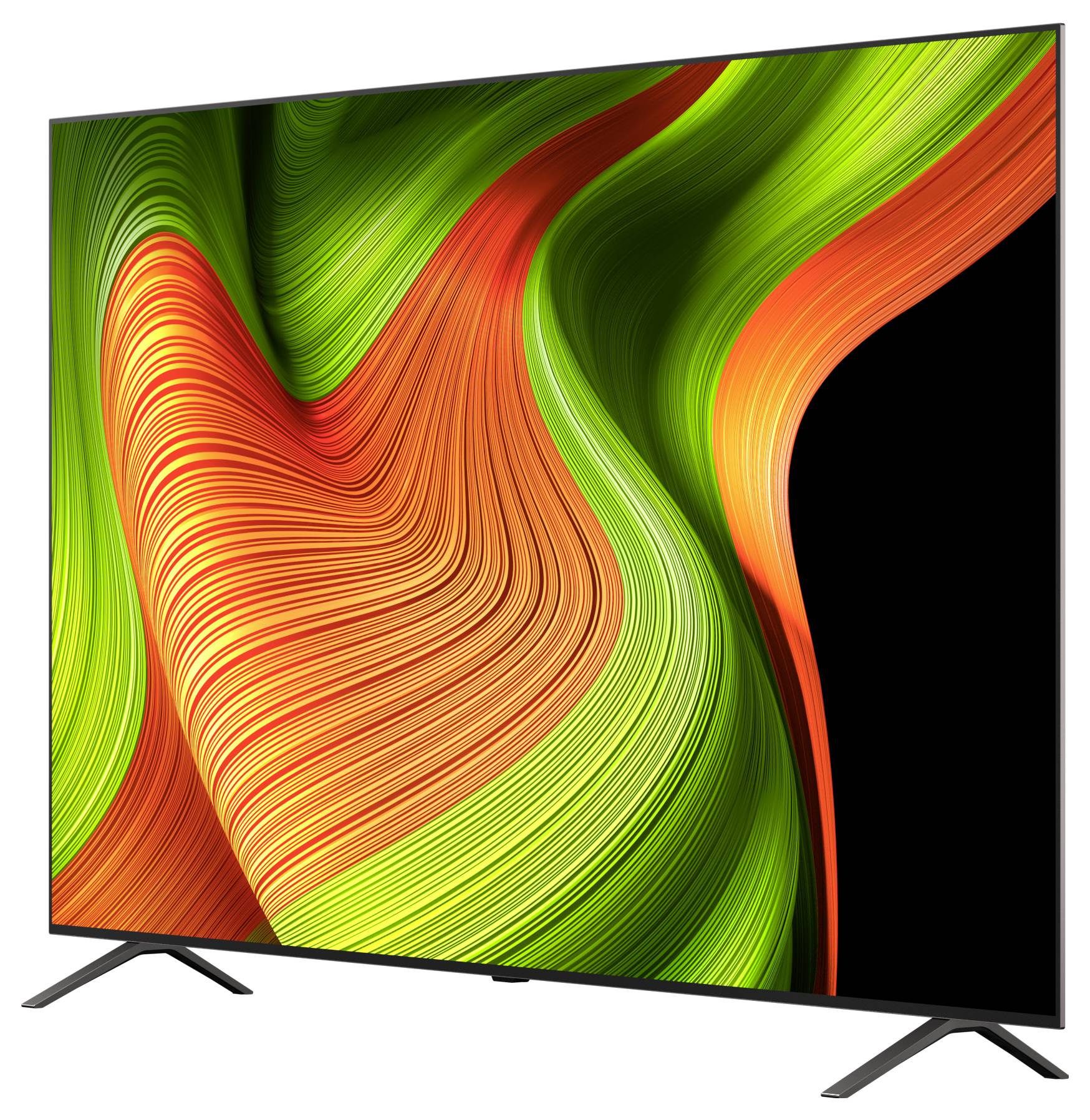 Ein moderner Flachbildfernseher, der abstrakte Kunst mit lebhaften grünen und orangefarbenen wirbelnden Mustern vor einem eleganten Design präsentiert.