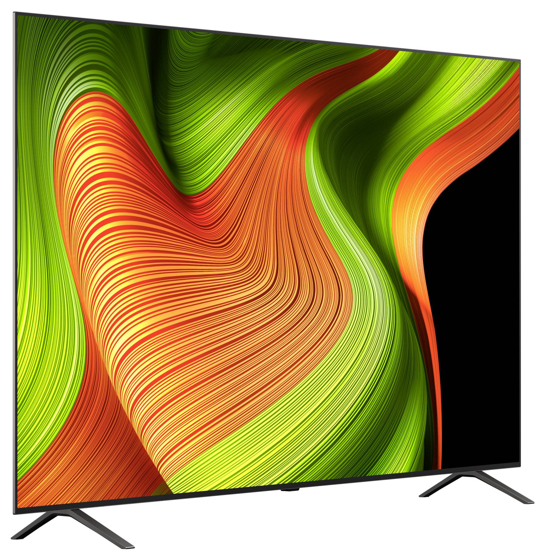 Ein moderner Flachbildschirm-Fernseher, der abstrakte, wirbelnde Muster in Grün-, Orange- und Gelbtönen zeigt, auf einem minimalistischen Ständer platziert.