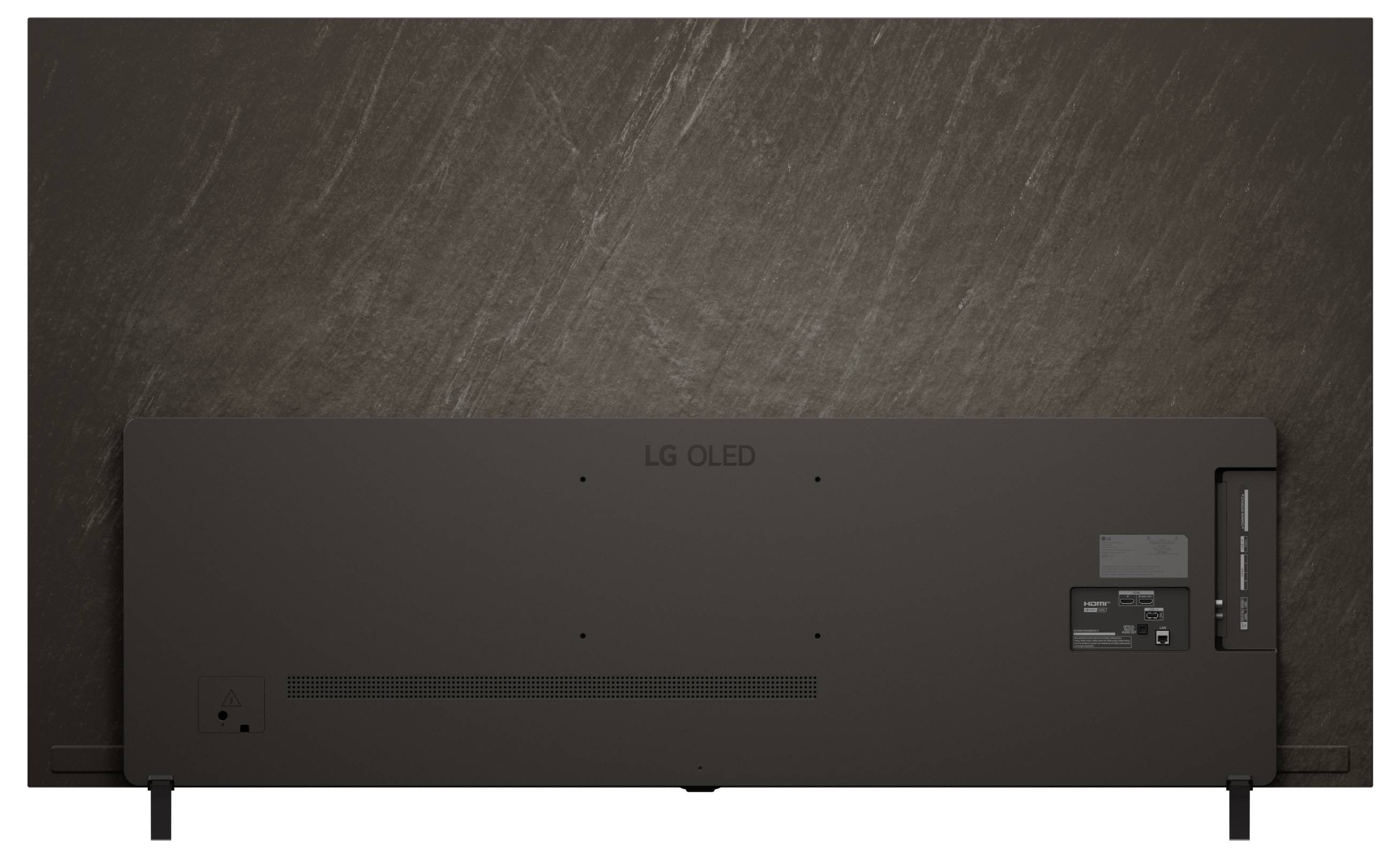 Rückansicht eines großen Flachbildfernsehers, der die Anschlüsse und Verbindungen im unteren rechten Bereich zeigt. Der Wandhalterungsbereich erstreckt sich über den Großteil des Panels.