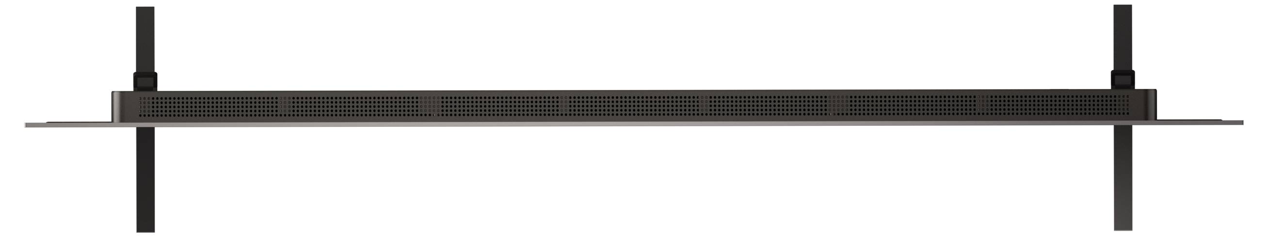 Eine schwarze Soundbar mit schlankem, rechteckigem Design, vertikal mit zwei Halterungen an beiden Seiten montiert.