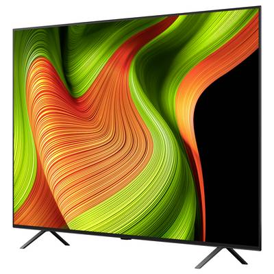 Ein lebhaftes Design in Grün und Orange auf einem Flachbildschirm-Fernseher, das die Farbbrillanz und moderne Ästhetik des Displays zur Geltung bringt.