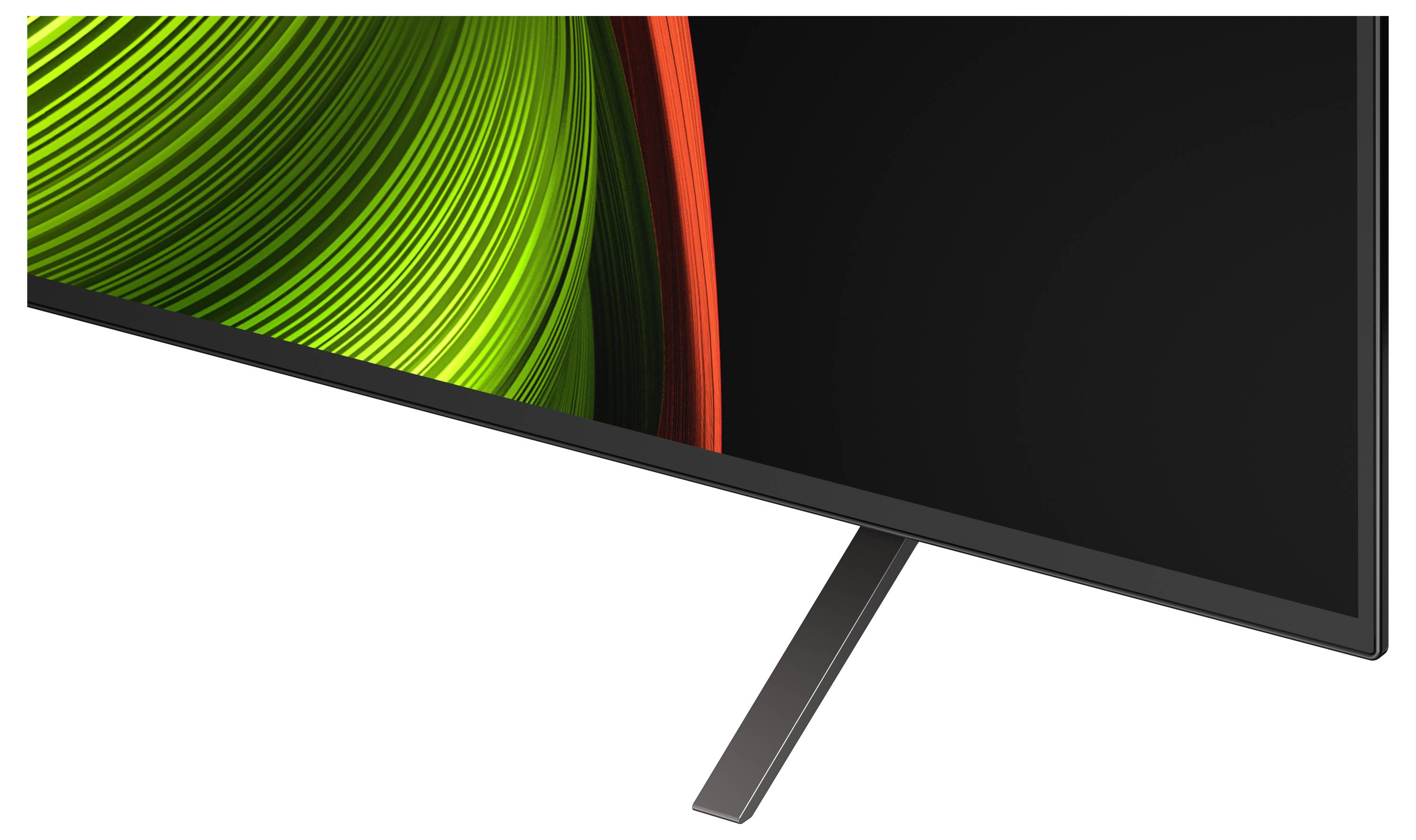 Ein schlanker, moderner Flachbildschirm-Fernseher mit schmaler Blende, der in einem Winkel gezeigt wird und ein leuchtendes grün-rotes abstraktes Design auf dem Bildschirm trägt.