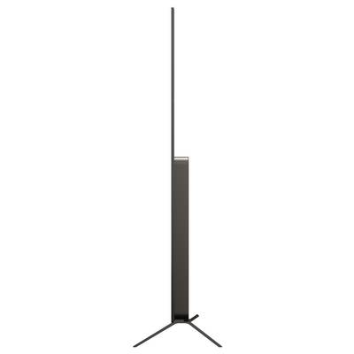 Ein schlanker, ultraflacher moderner Flachbildschirm-Fernseher, der von der Seite betrachtet wird und dessen schmales Profil und minimalistisches Design hervorgehoben werden.