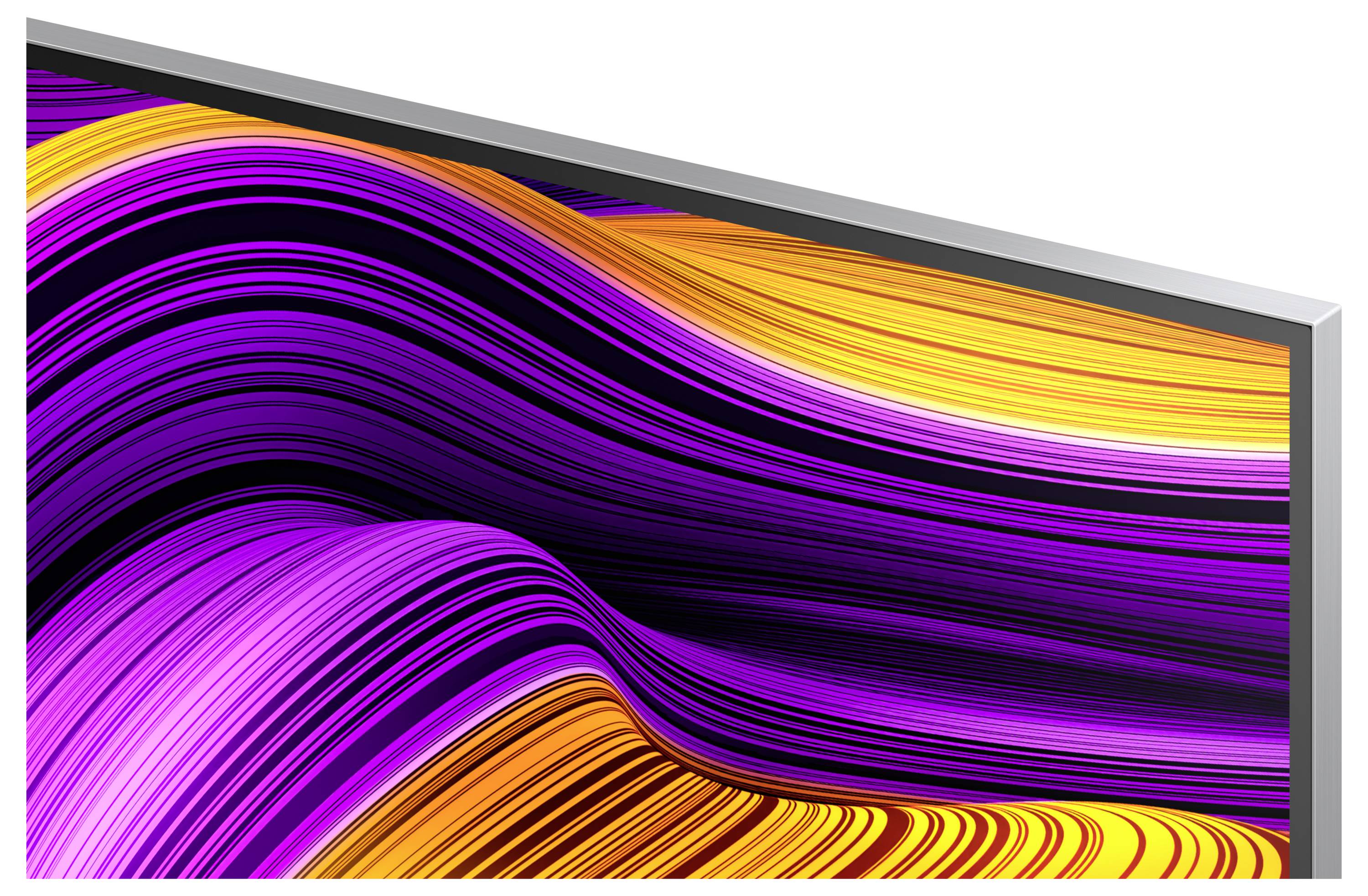 Abstrakte Kunst mit fließenden, gewellten Linien in Violett-, Orange- und Gelbtönen, die auf einer rechteckigen Leinwand ein Gefühl von Bewegung und Tiefe erzeugen.