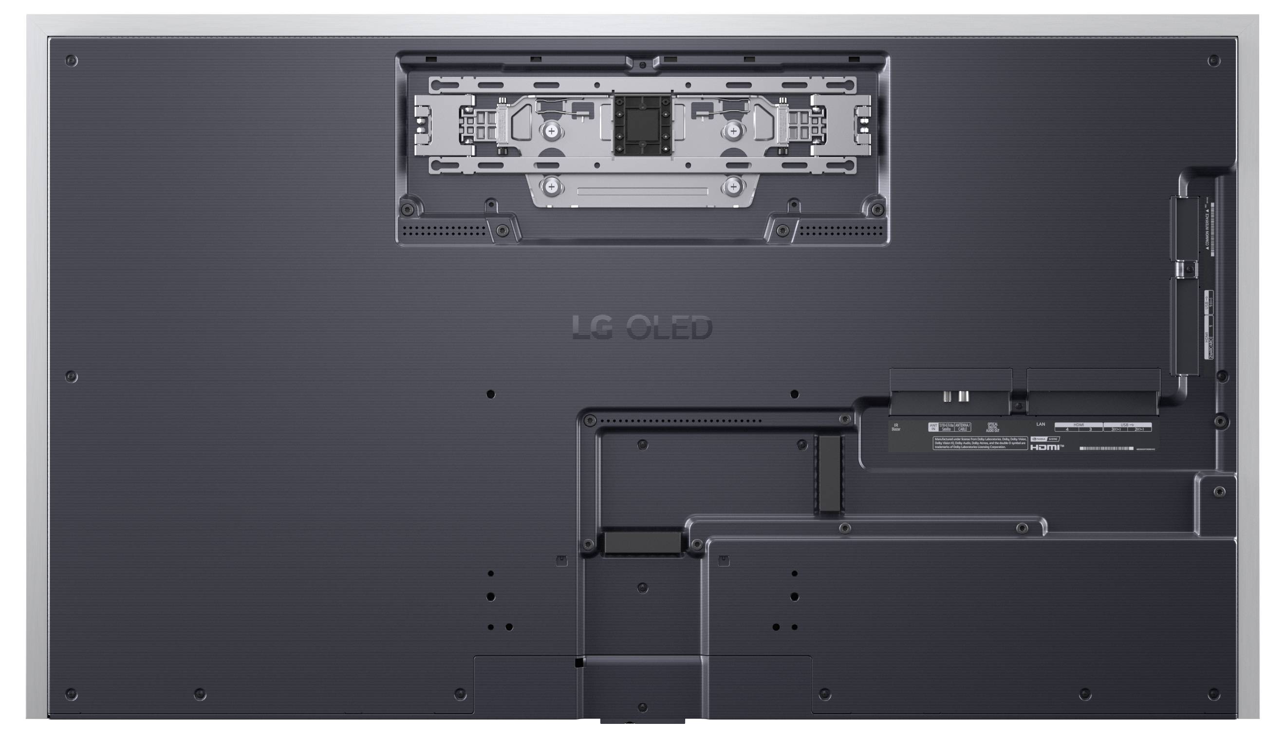 Die Rückansicht eines LG OLED-Fernsehers mit Befestigungsbügeln und Anschlüssen, die sein Design und den Installationsaufbau veranschaulicht.