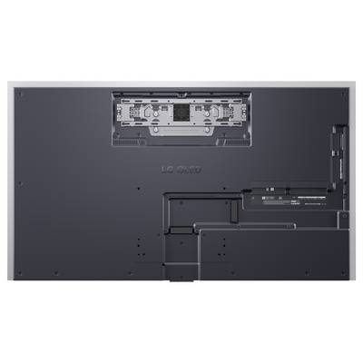 Die Rückansicht eines LG OLED-Fernsehers mit Befestigungsbügeln und Anschlüssen, die sein Design und den Installationsaufbau veranschaulicht.
