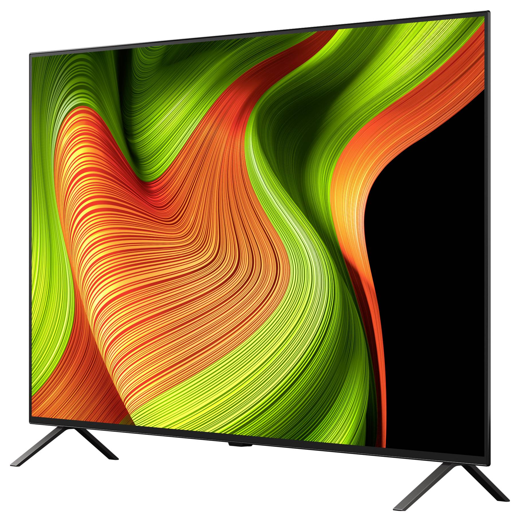 Ein moderner Flachbildschirm-Fernseher mit lebhaften, wirbelnden grünen und orangefarbenen abstrakten Mustern auf dem Bildschirm, auf schwarzen Ständern aufgestellt.