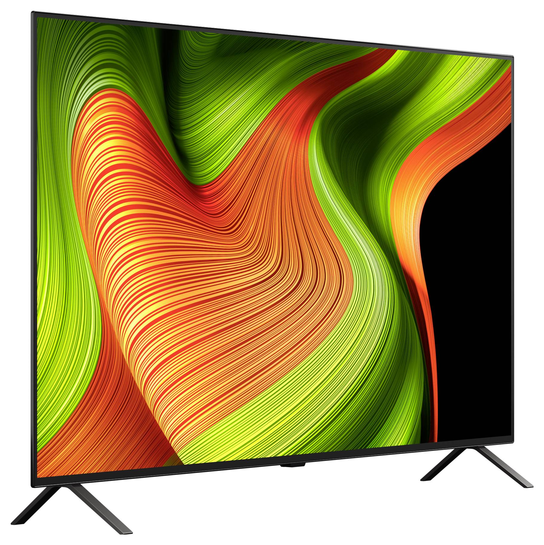 Ein moderner Flachbildfernseher, der ein lebendiges abstraktes Bild mit fließenden Mustern in Grün, Orange und Rot zeigt.