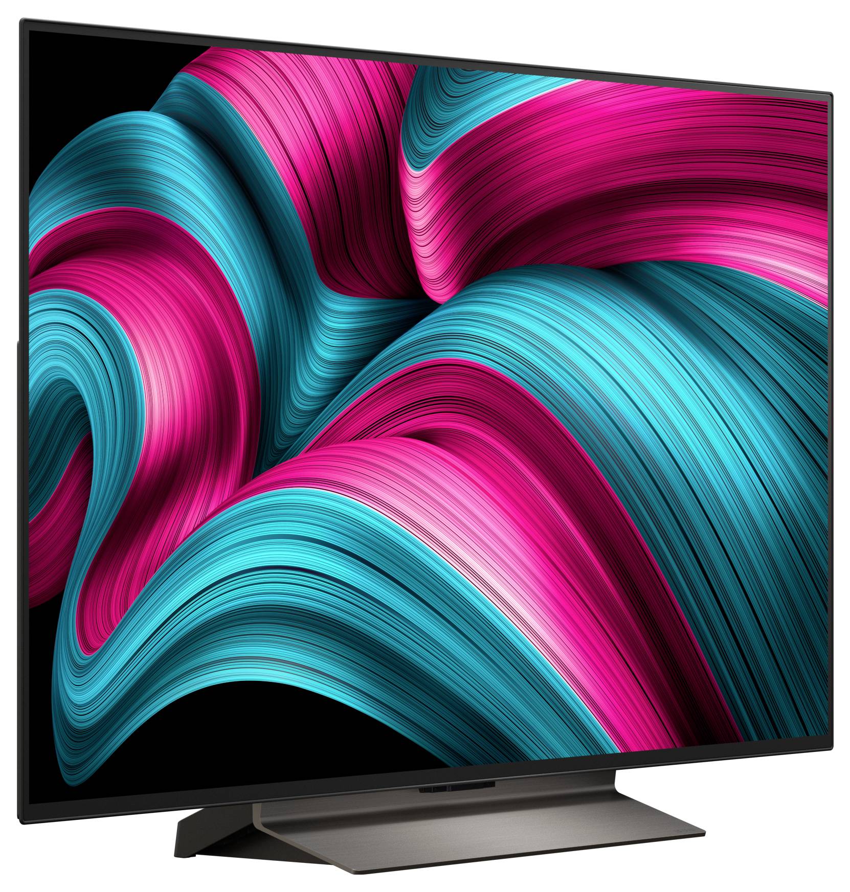 Flachbild-Fernseher, der abstrakte Kunst mit lebhaften rosa und petrolblauen wirbelnden Mustern auf schwarzem Hintergrund zeigt.