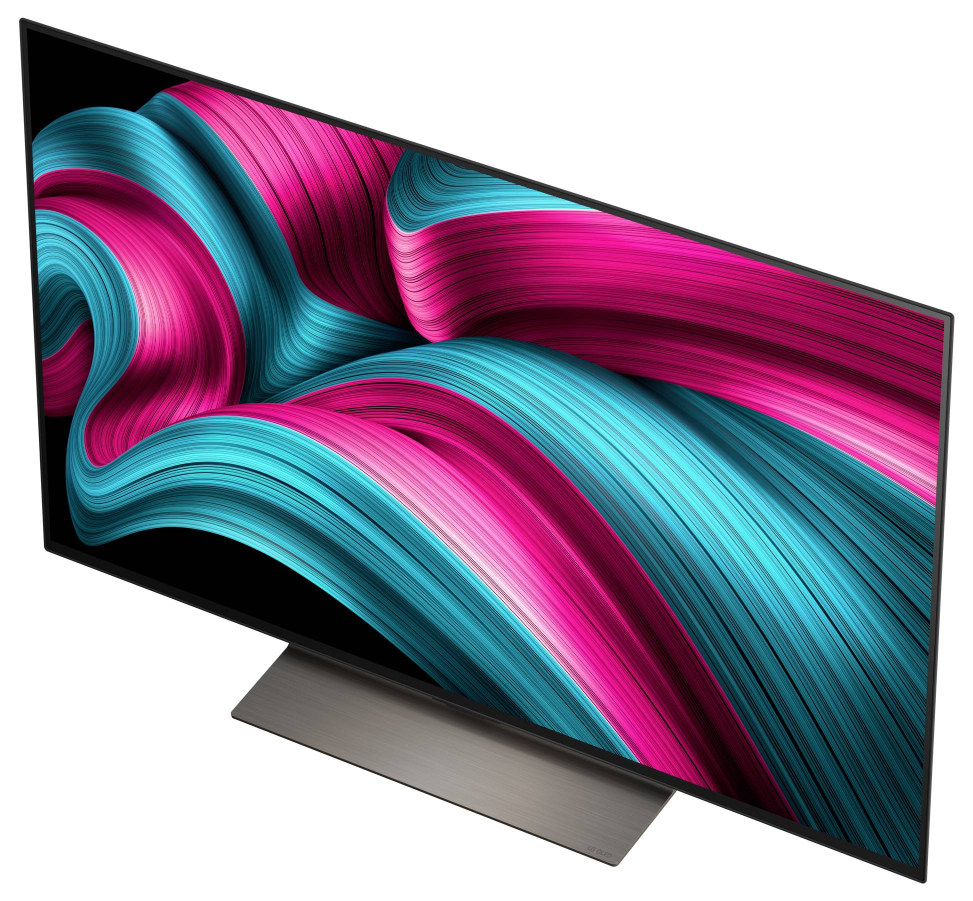 Ein schlanker, moderner Flachbildschirm-Fernseher, der lebendige, wirbelnde Muster in Blau und Rosa zeigt und dabei die intensive Farbwiedergabe des Bildschirms zur Geltung bringt.