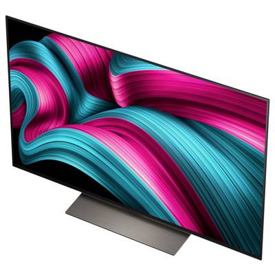 Ein schlanker, moderner Flachbildschirm-Fernseher, der lebendige, wirbelnde Muster in Blau und Rosa zeigt und dabei die intensive Farbwiedergabe des Bildschirms zur Geltung bringt.