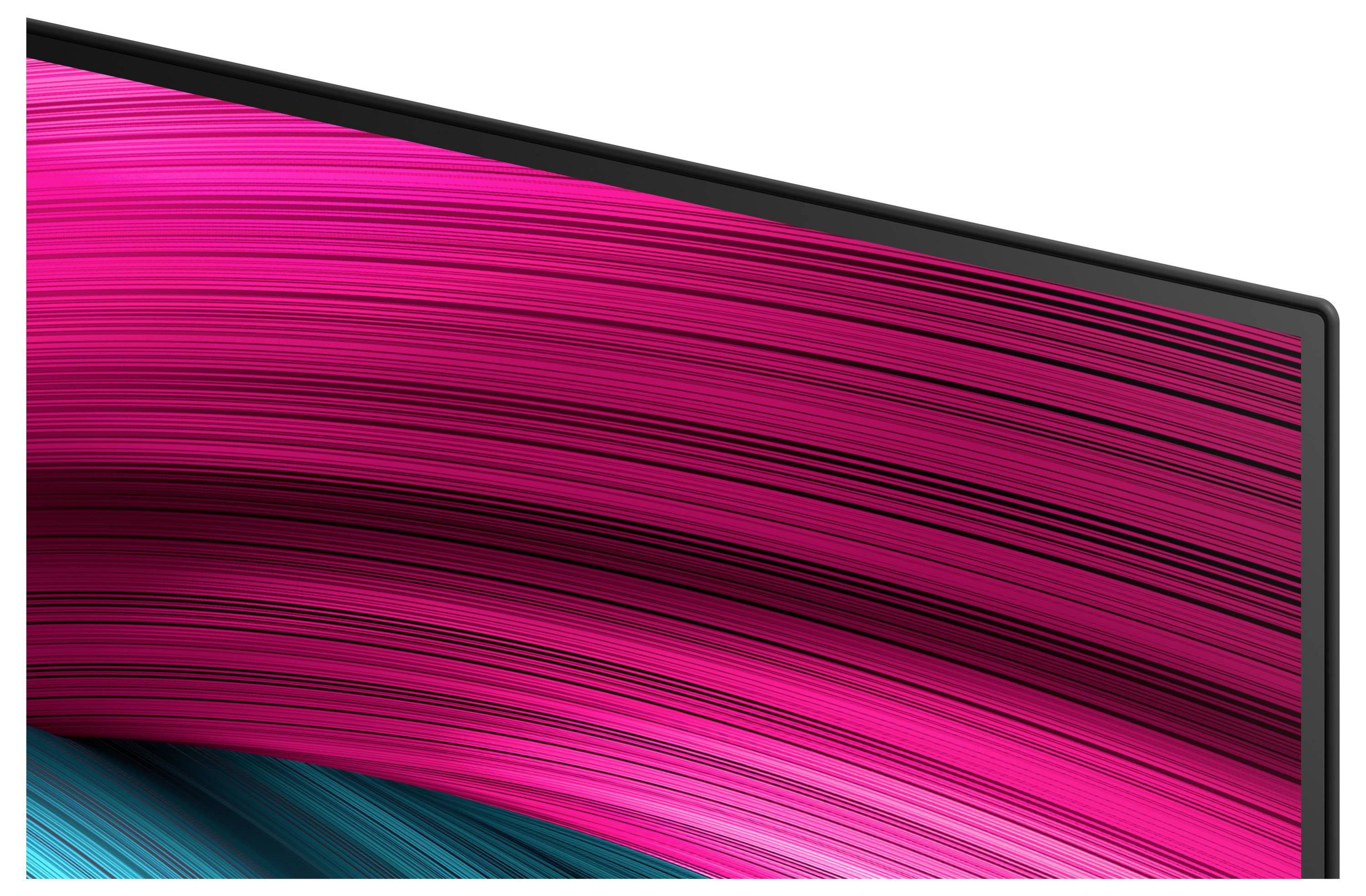 Ein Ausschnitt eines Computermonitorbildschirms, der lebendige, abstrakte geschwungene Linien in Rosa- und Petrolfarbtönen zeigt.