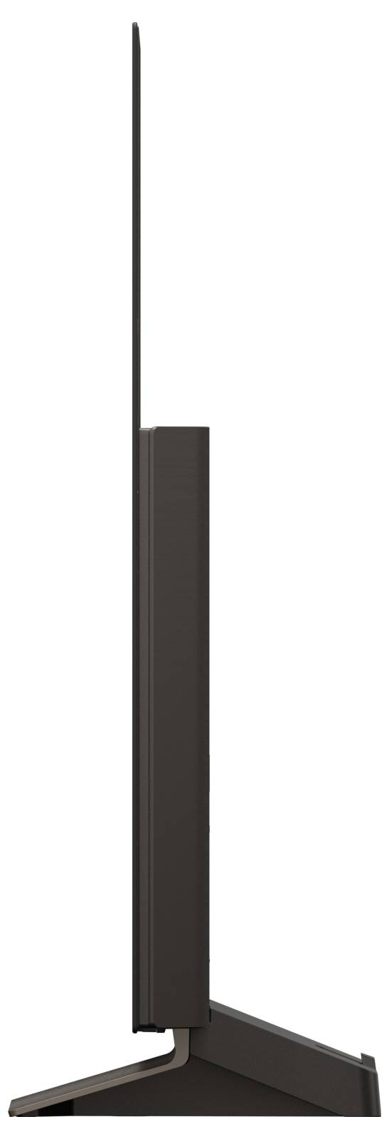 Seitenansicht eines schlanken Fernsehers auf einem Ständer, die dessen dünnes Profil und elegantes Design betont. Von diesem Winkel aus ist der Bildschirm kaum sichtbar.
