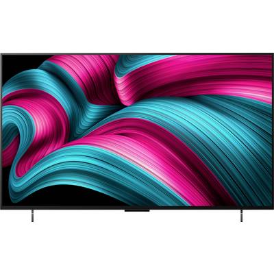 Ein Fernseher, der abstrakte, wirbelnde Muster in leuchtendem Pink und Petrolblau zeigt und einen dynamischen und lebhaften visuellen Effekt erzeugt.