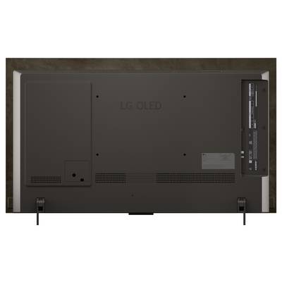 Rückansicht eines LG OLED-Fernsehers, der Anschlüsse und Buchsen zeigt, vor dunklem Hintergrund.