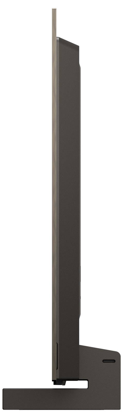 Seitenansicht eines dünnen, flachen Fernsehers auf einem Ständer, der sein schlankes Profil und minimalistisches Design hervorhebt.