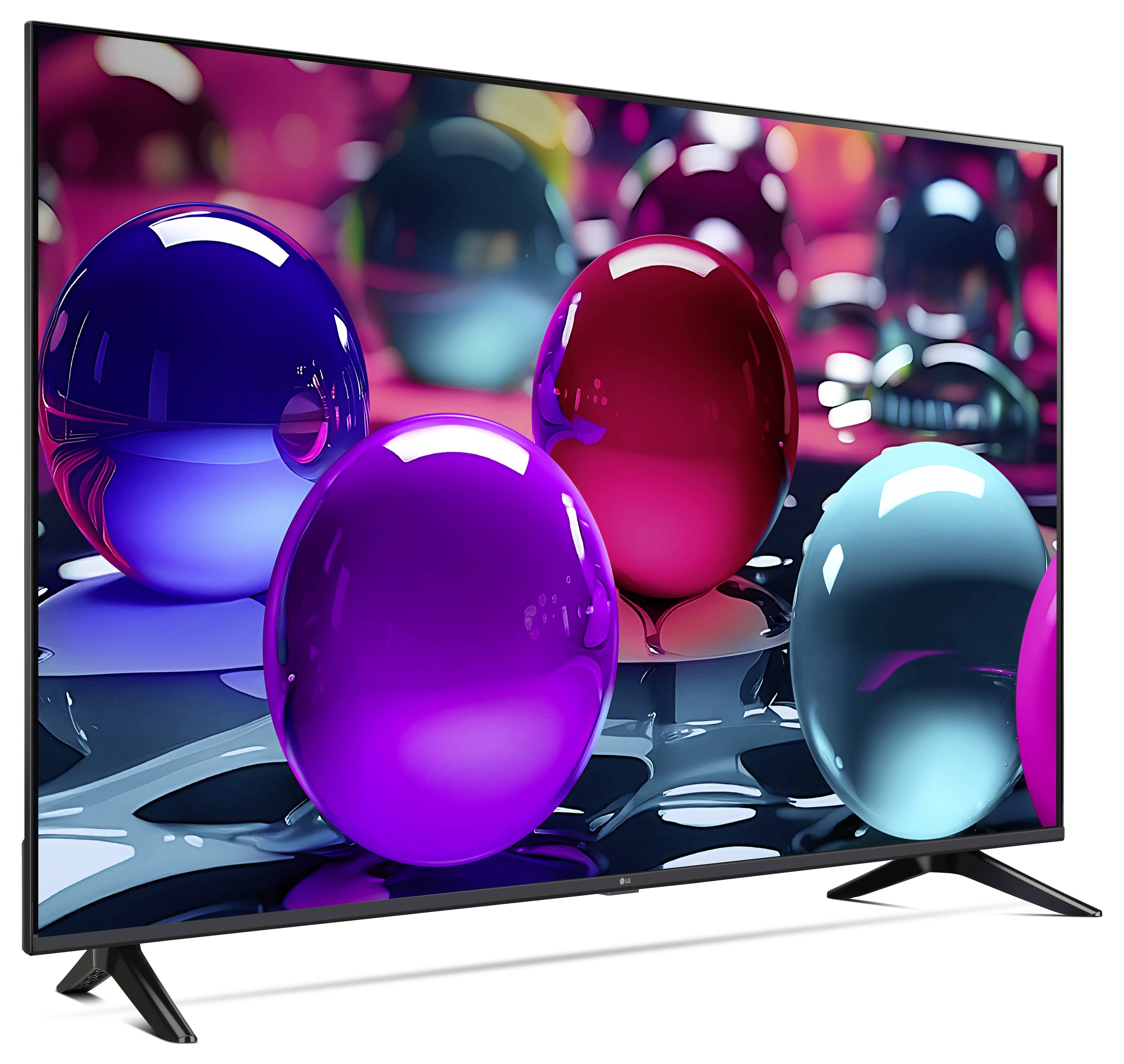 Ein Flachbildfernseher, der ein leuchtendes Bild von glänzenden, bunten Kugeln auf einer reflektierenden Oberfläche mit rosa und violetten Lichteffekten zeigt.