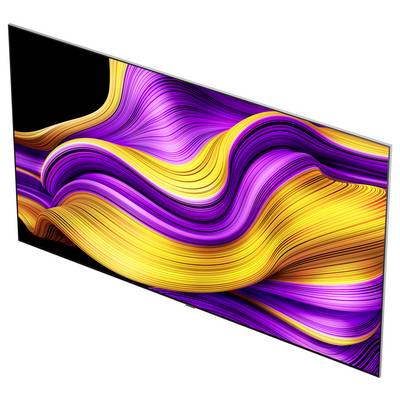 Ein lebhaftes, gewelltes Muster aus violetten und gelben Wirbeln vor schwarzem Hintergrund füllt den Bildschirm und schafft ein dynamisches, abstraktes Design.