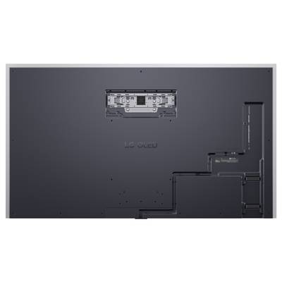 Rückansicht eines LG OLED Flachbildfernsehers mit Befestigungshalterungsbereich und Kabelführungslayout.