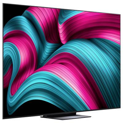 Ein Fernsehgerät, das lebhafte rote und blaue Wirbelstrukturen auf seinem Bildschirm zeigt und damit die Anzeigequalität und Farbintensität des Geräts veranschaulicht.