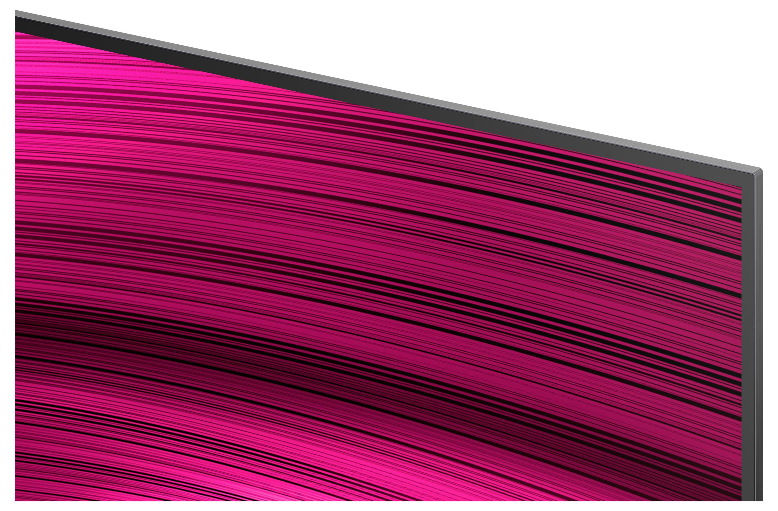 Ein lebhaftes, abstraktes Bild mit dynamischen rosa und schwarzen Wirbellinien, die einen Eindruck von Bewegung und Energie über die gesamte Komposition erzeugen.