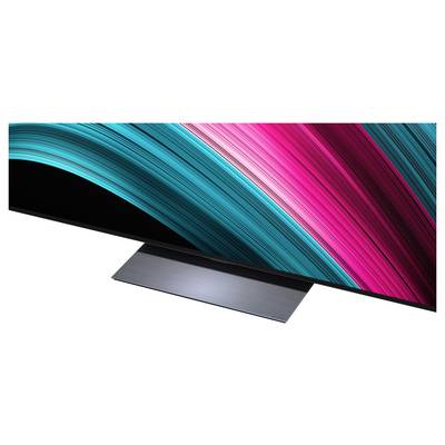 Ein schlanker Flachbildschirm-Fernseher, der leuchtend bunte Streifen in Türkis und Pink zeigt, montiert auf einem metallischen Ständer.