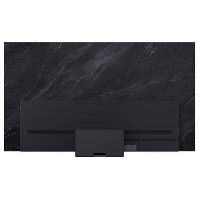 Ein schlanker, schwarzer Flachbildschirm-Fernseher von hinten, der ein minimalistisches Design mit sichtbaren Anschlüssen und LG OLED-Branding präsentiert.