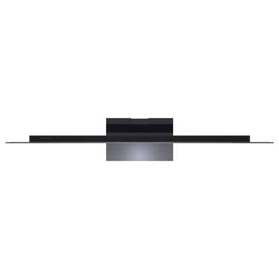 Eine elegante, moderne schwarze Soundbar mit metallischem Finish wird von oben gezeigt, wobei ihr schlankes und stromlinienförmiges Design hervorgehoben wird.