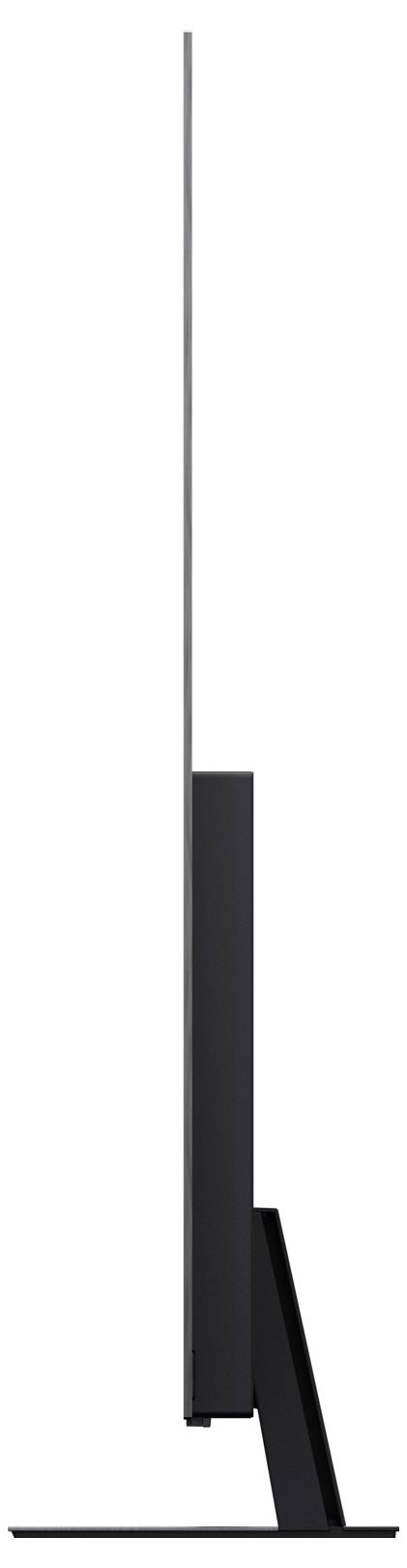 Seitenansicht eines ultra-dünnen, modernen Flachbildschirm-Fernsehers auf einem Ständer, der sein schlankes Design und minimalistisches Profil veranschaulicht.