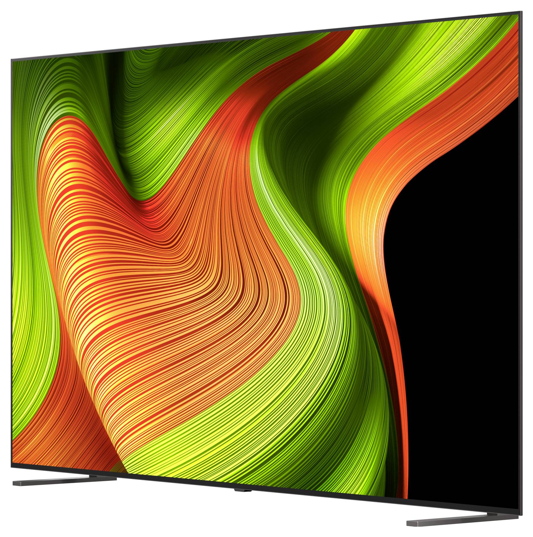 Ein lebhaftes abstraktes Design mit fließenden grünen, orangefarbenen und gelben Spiralen, die ein dynamisches und farbenfrohes Muster auf einem Bildschirm erzeugen.