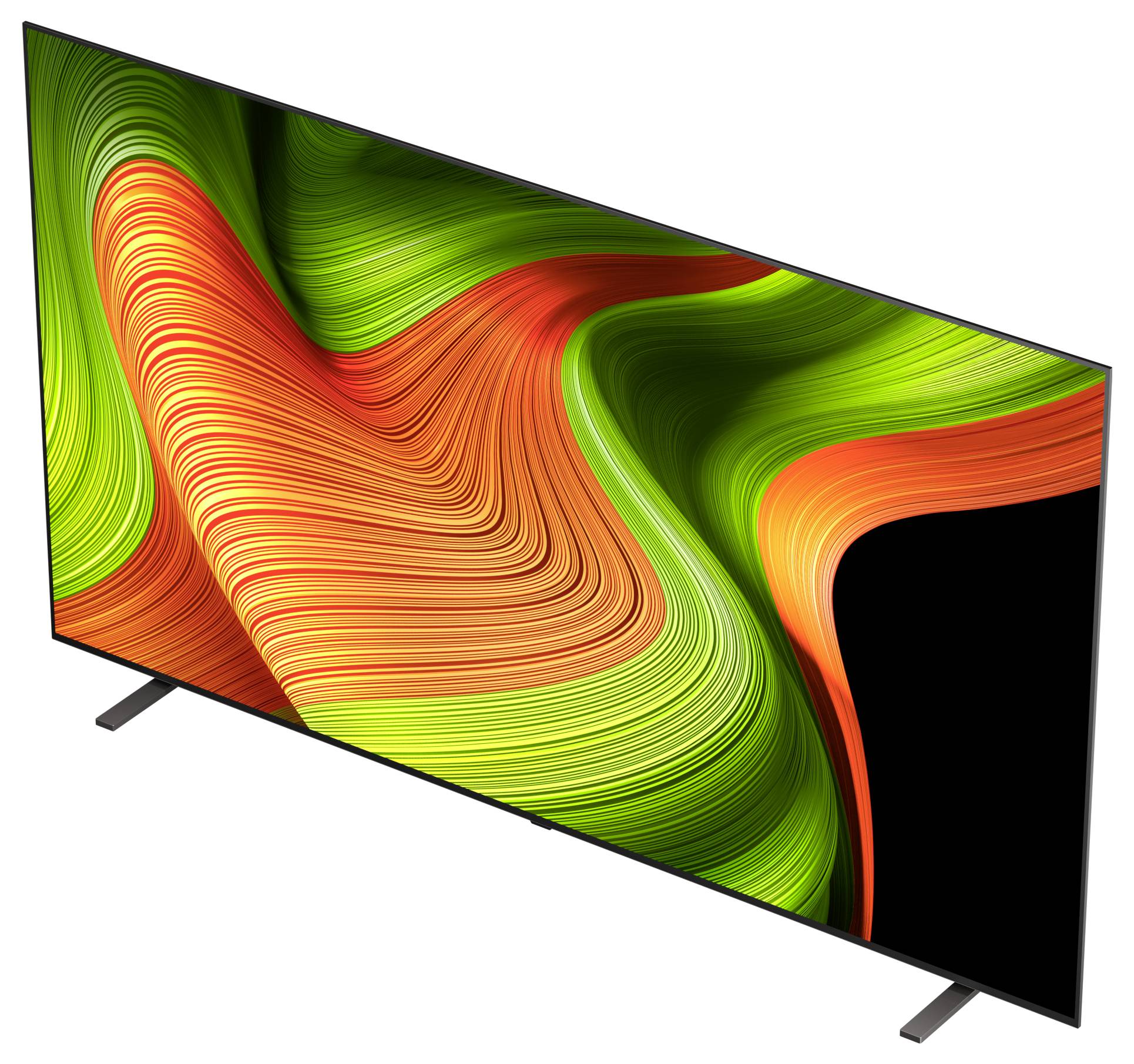 Ein schlanker, moderner Flachbildschirm-Fernseher, der einen lebendigen abstrakten Wirbel aus grünen, orangefarbenen und schwarzen Farben zeigt.