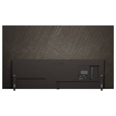 Das Bild zeigt die Rückansicht eines Flat-Screen-Fernsehers, der an einer Wand montiert ist. Der Fernseher hat ein schlankes, minimalistisches Design mit sichtbaren Anschlüssen.