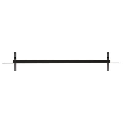 Ein minimalistisches schwarzes Metall-Wandregal mit einer horizontalen Ablage, gestützt von zwei vertikalen Halterungen, konzipiert für moderne Heimeinrichtung.
