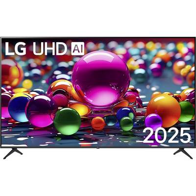 LG UHD KI-Fernseher, der leuchtende, glänzende Kugeln in verschiedenen Farben zeigt. Der Fernseher ist mit '2025' beschriftet.