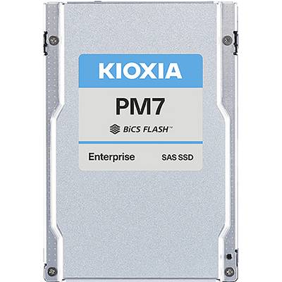 'KIOXIA PM7 BiCS FLASH' SAS SSD für Enterprise-Anwendungen, silbernes Gehäuse mit blau-grauer Beschriftung.