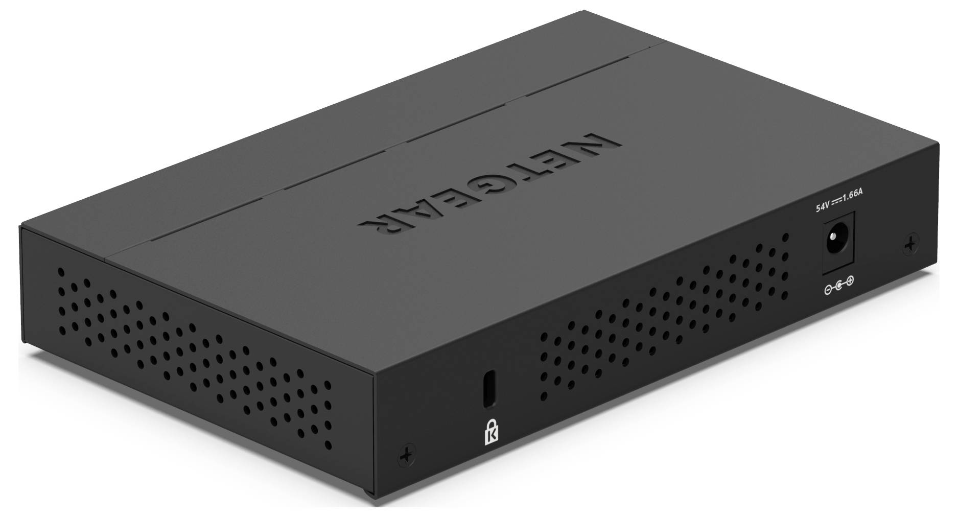 Schwarze Netgear-Netzwerkkomponente in rechteckiger Form. Enthält Lüftungsschlitze und Anschlüsse an der Vorder- und Rückseite.