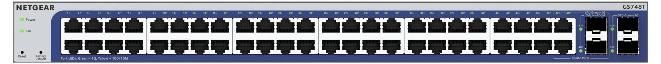 'Netgear Ethernet-Switch GS752T': Ein Netzwerk-Switch mit 48 Ethernet-Ports und 4 SFP-Ports für die Verbindung und Verwaltung von Netzwerkgeräten.