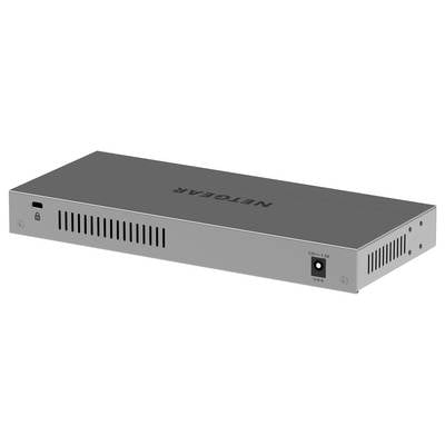 Netzwerk-Switch in rechteckiger Form mit Netgear-Logo, Lüftungsschlitzen und Anschlüssen an der Vorderseite.